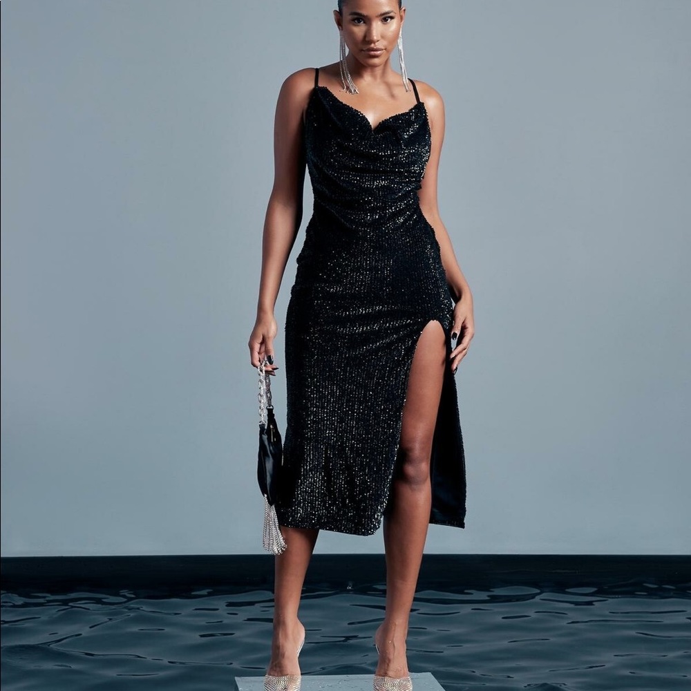 Black sequin midi dress ordered on Missguided worn once